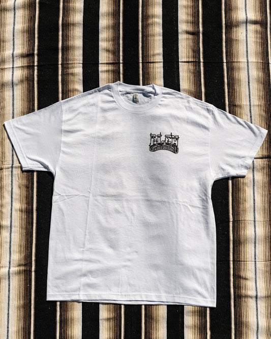 A white crew neck t-shirt with a silk screen printed logo and the text 'EL EH' on the front.